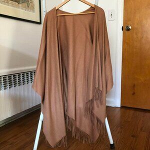 Fringe-trimmed camel cape cardigan